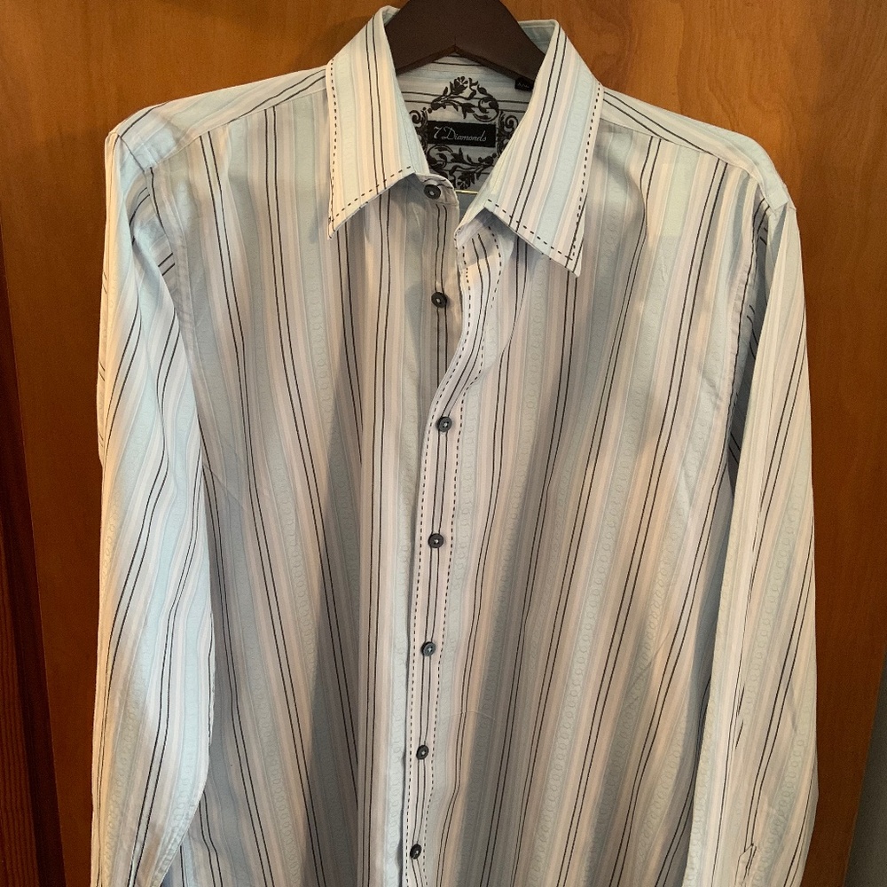 COPY - 7 Diamonds Dress Shirt Mens XXL Blue Striped Collared Long Sleeve Cotton